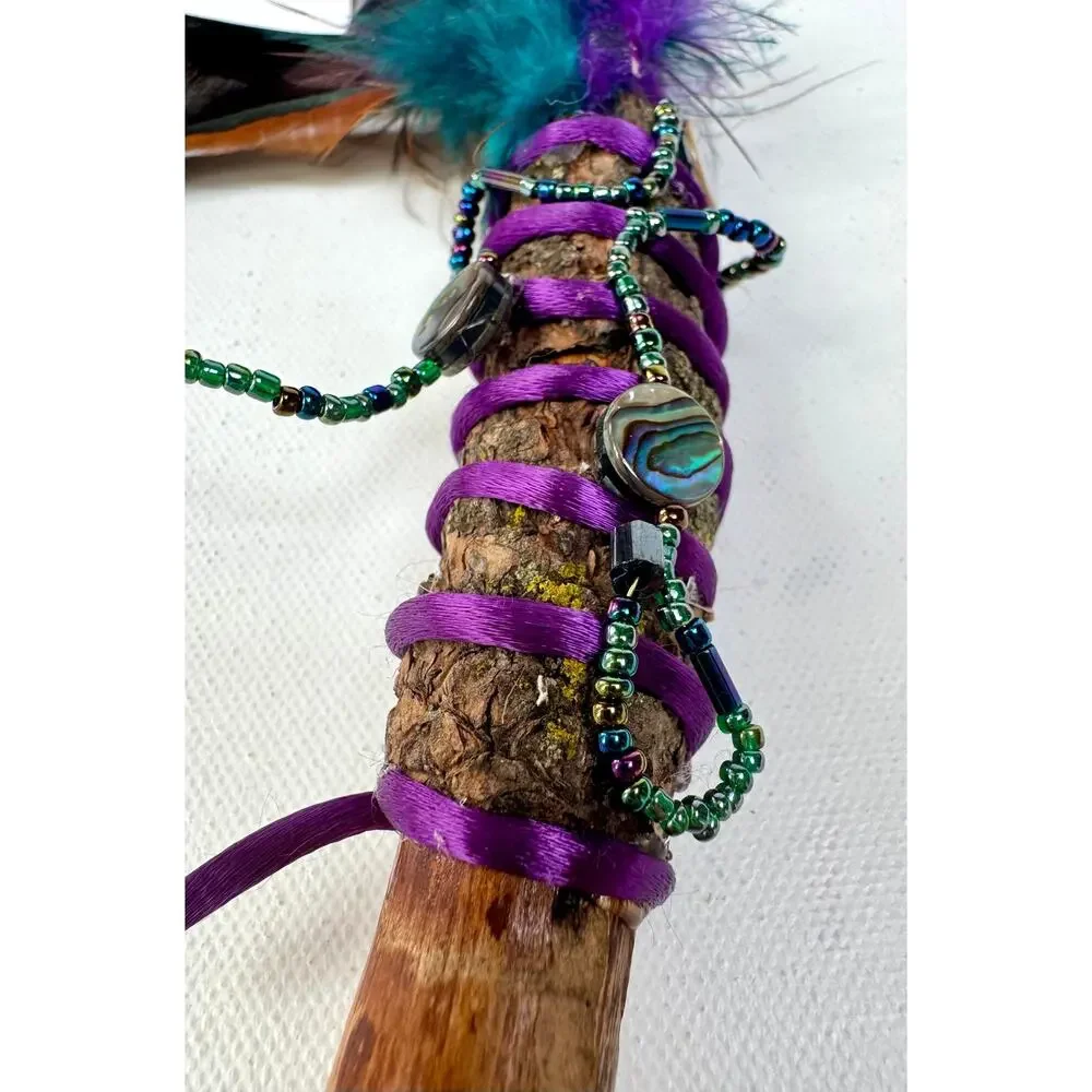 Handmade Feather Wand Ritual Staff Woodland Folk Art Sculpture